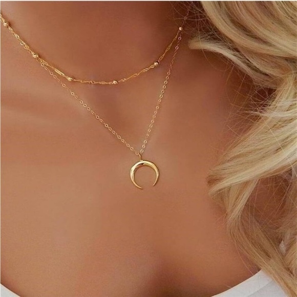 GOLD 14k Gold Plated Beaded Moon Pendant Necklace - Picture 1 of 3